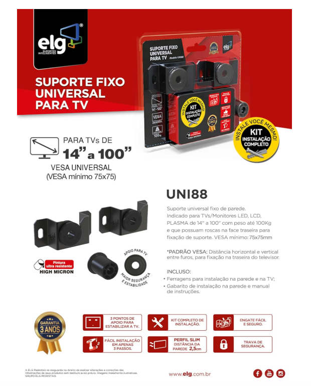 SUPORTE DE TV ELG 14'' A 100'' UNIVERSAL FIXO ATÉ 100KG