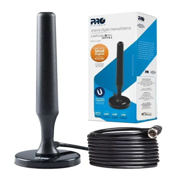 ANTENA DIGITAL INTERNA VHF/UHF PROHD-2400 OMNI PRETO PROELETRONIC