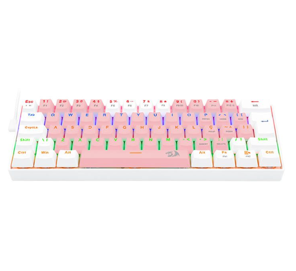 TECLADO GAMER REDRAGON LAKSHMI RAINBOW ROSA E BRANCO SWITCH MARROM K606